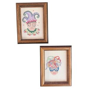 Handmade‎ Cross Stitch Beaded Jester & Masquerade Art - Mardi Gras Framed Pair